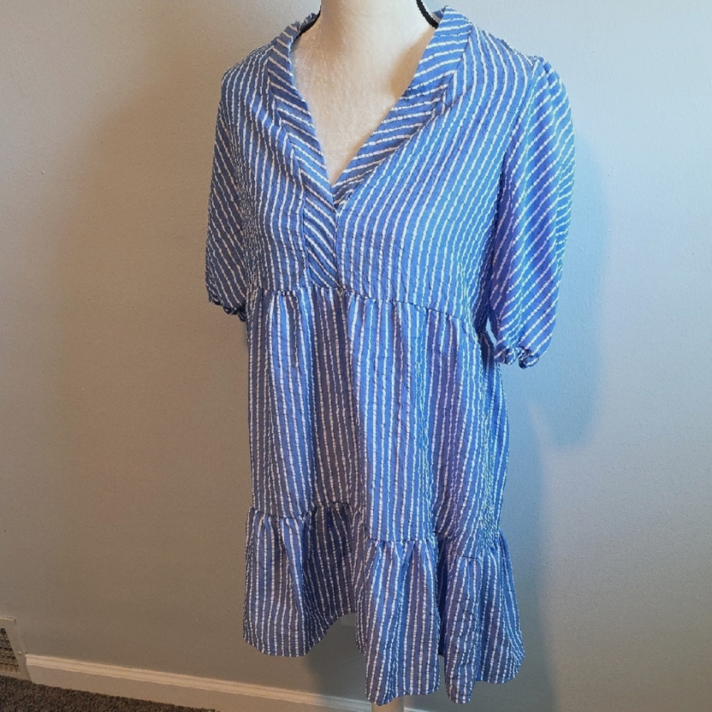 52seven Boho Puffed Sleeve Blue & White Dress / Medium